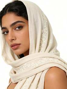 法式复古小白花刺绣围巾，轻盈透气头巾，简约黑白撞色刺绣头巾，柔美优雅亚麻围巾，波西米亚风摄影道具 - 米色 - 查看 9