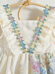 Baby Girl Colorful Floral Ruffle Strap Contrast Mesh Princess Dress, Vintage Style Suitable For Vacation & Beach, Summer - Apricot - View 4