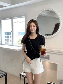 甜美蕾丝边短袖收腰上衣，夏季黑色 - 黑色 - 查看 4