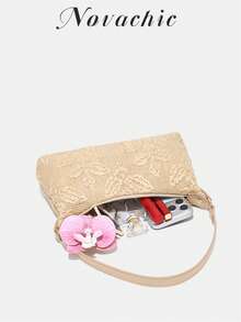 1件花卉挂饰，夏季编织，海滩度假风格，复古风，女士拉链单肩包，适合假日使用 - 杏色 - 查看 6