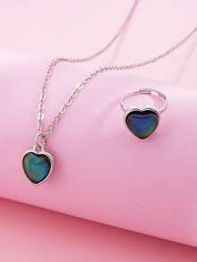 2pcs Temperature-Sensitive-Color-Changing Cat Heart Unicorn Round Shape Pendant Necklace-Ring Girls Jewelry Gift Set - Multicolor - View 10