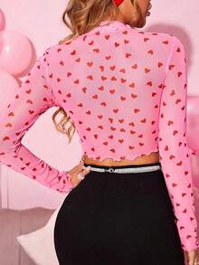 1pc Pink Heart Print Long Sleeve Slimming Cute Blouse Casual - Pink - View 2
