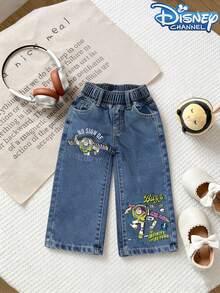 Disney 'Toy Story' Buzz Lightyear Pattern Baby Denim T-Shirt Two-Piece Set, Suitable For Spring And Summer Casual Vacation Country Bohemian Style Clothing, Western Street Style Clothing, Rave Party Clothing T-Shirt And Jeans Two-Piece Set - 白色 - 查看 3