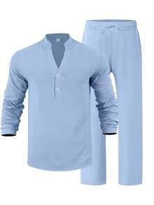 Men's Linen Casual 2 Piece Outfits Long Sleeve Lapel Shirt & Long Pants Set Loose Fit V Neck Tops Breathable Beach Vacation Daily Streetwear All Season Spring Summer Autumn New Arrival - Xanh nhạt - Xem 5