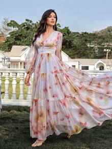 Women's New Elegant Romantic Floral Print Long Sleeve Patchwork Design Dress, Slimming, All-Season, Full-Body Watercolor Print, Conservative, Elegant, Formal, Suitable For Evening Party, Beach, Wedding Vacation - Multicolor - View 6