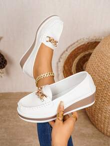 Women's Spring New Rhinestone Embellished Metal Chain Breathable Leather Upper Casual Wedge Heel Comfortable Slip-On Loafers - White - View 2