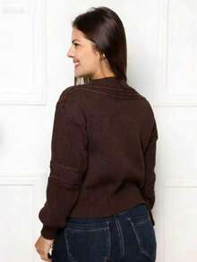 Steve Store Women's Fashion Knit Long-Sleeved Blouse With Braid, Autumn And Winter Fashion. - 棕色的 - 查看 4