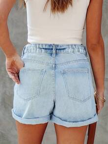 ARWY Women's Casual Distressed Denim Shorts With Pockets And Buttons, Fashionable Non-Stretch Straight Leg Hotpants, Suitable For Boho Summer Styles - Light Wash - View 3