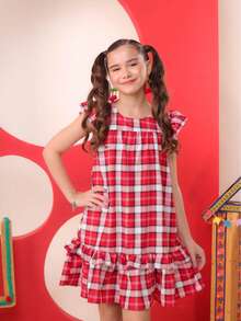 Junior Girl's Checkered Dress For June Festival, Light And Elegant, Flared - Checkered/white/red - View 13