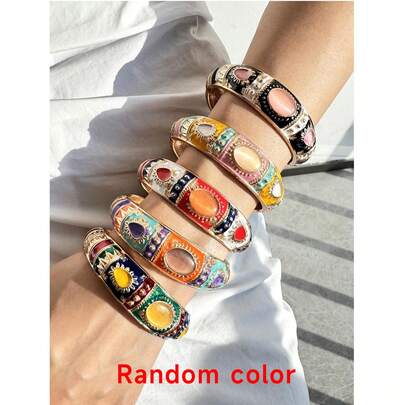 10/7/5/3/1pc Random Color & Style Vintage Luxury Elegant Enamel Drip Oil Colorful Resin Cat Eye Stone Metal Bangle