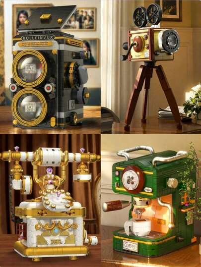 4 módulos únicos de construcción con estilo vintage diseñados para adultos: Cámara vertical vintage, Teléfono vintage, Proyector vintage y Máquina de café vintage. Cada módulo combina diseño y diversión en el ensamblaje. El módulo de construcción de la cámara vertical vintage no es solo un juguete, sino también una obra de arte.