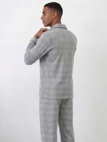Snug League 1set Men Plaid Pattern Contrast Color Trimmed Long Sleeve Top And Pants Homewear Suit For Spring/Autumn, Breathable And Sweat-Absorbing, Fall Winter Clothes - Light Grey - View 2