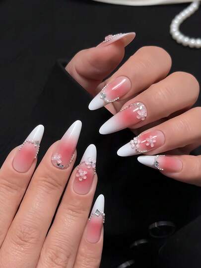 30pcs Press On Nails Wear Nails Long Stiletto Nails ,Sparkling Diamond Decorative Nails,Powder Blusher Graded Nails,Y2Y Nails,Long Nails,Full Coverage Glossy Daily Fake Nails, Reusable For Women, Easy To Wear And Remove, Equipped With Jelly Glue And Nail Filing Nail Supplies, Suitable For Parties, Dances, Etc