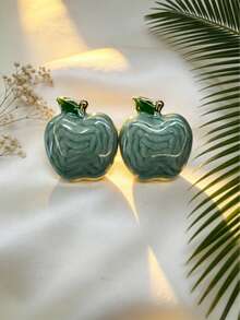 1 par de pendientes de botón elegantes y de lujo vintage con forma de manzana de esmalte verde para mujer, pendientes de fruta lindos adecuados para uso diario y regalos de vacaciones - Multicolor - Ver 3