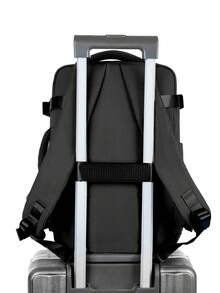 1pc Large Capacity Grey Travel Laptop Backpack. Durable Water-Resistant Nylon Commuter Backpack With Luggage Strap And Multi-Compartment Design. 180° Wide Opening Large Capacity Bag With Separate Laptop Compartment. - Black - View 6