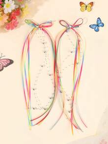 2pcs Ombre Ribbon Hair Clips, Rainbow Color Alligator Clips, Elegant Long Ribbon/Beaded Hair Clips, Vacation/Daily Hair Accessories, Delicate Gift For Teenagers - Multicolor - View 10