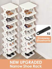 DO DOWIN 9/6 Tier Vertical Shoe Stand Space Saving Narrow Shoe Rack, Small Shoe Shelf, DIY Free Standing Shoes Storage Organizer For Entryway, Closet, Hallway, Easy Assembly And Stable In Structure, Black & White, Plastic Material, Consumables - 白色 - 查看 11