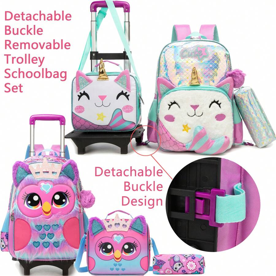 3pcs/Set Girls' Rolling Backpack, 16 Inch Girls' Wheeled Backpack With Lunch Box And Pencil Case - Girls' Rolling Bag - View 1