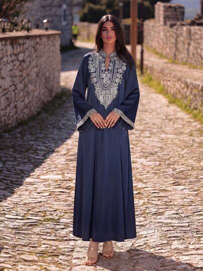 Faeriesty Abaya Robe, Luxurious Loose Fit, Long Sleeve Stand Collar, Decorated With Beads And Sequins, Embroidered Floral Pattern On Chest, Beaded Cuffs, Floor-Length Gown, Ideal For Formal Dinners, Weddings, Red Carpet Events And Formal Occasions.
