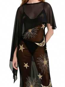 Women Sheer Mesh Poncho Solid Color Round Neck Asymmetrical Hem Loose Shawl Wraps Cape Tops - 黑色 - View 5