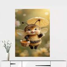 Plano 2D, 1 pieza de pintura en lienzo plana 2D sin marco: Una encantadora obra de arte decorativa con una adorable abeja sosteniendo un pequeño paraguas y una cesta, con un fondo de suave sombra floral que resalta la belleza natural. Disponible en varios s: 12x18, 16x24, 24x36 pulgadas. Un - Enmarcado - Ver 1