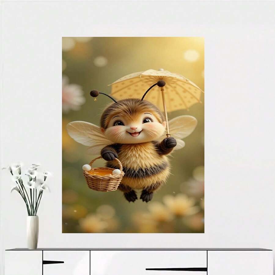 Plano 2D, 1 pieza de pintura en lienzo plana 2D sin marco: Una encantadora obra de arte decorativa con una adorable abeja sosteniendo un pequeño paraguas y una cesta, con un fondo de suave sombra floral que resalta la belleza natural. Disponible en varios s: 12x18, 16x24, 24x36 pulgadas. Un - Enmarcado - Ver 1