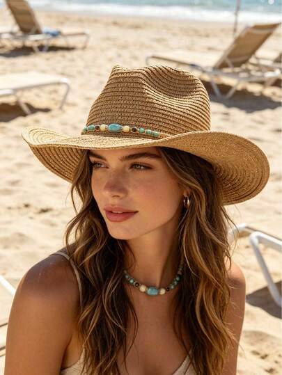 女士沙滩草编牛仔帽，饰有绿松石串珠帽带 - 西部风格遮阳帽，轻便可折叠