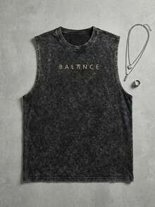 FRACTYR 男士夏季休闲街头风宽松复古简约“BALANCE”图案圆领无袖背心 - 黑色 - 查看 4