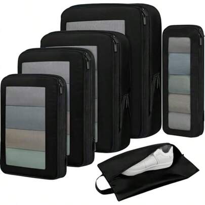 4 Set/6 Set/8 Set Comprion Packing Cubes Travel Accories Eable Packing Organizers Square Mesh 05-Jet Black