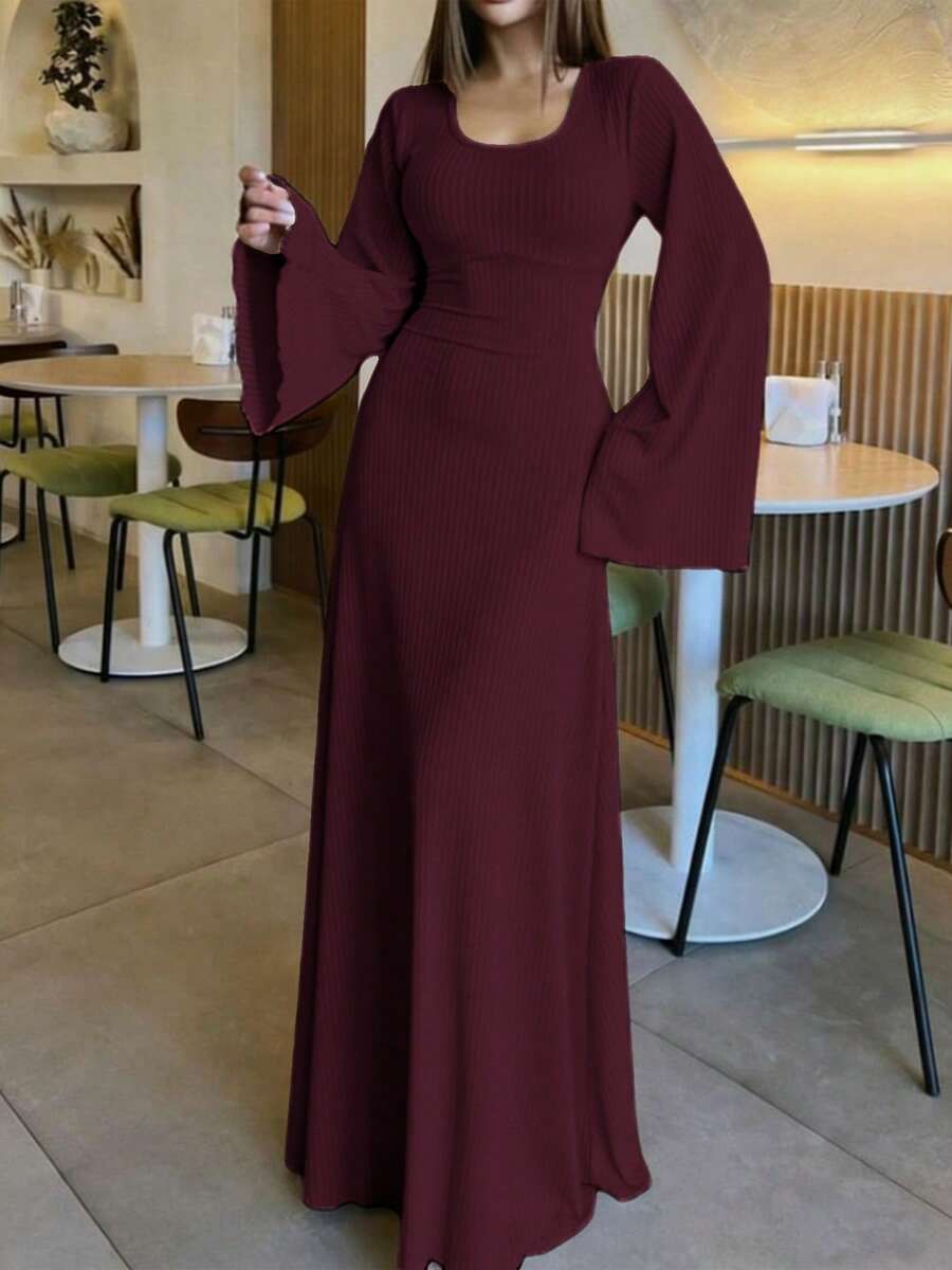 Women's Square Neck Flare Sleeve Long Sleeve Dress, Elegant Dress, Party Dress, Fitted Waist Dress, Soft Fabric - Burgundy - View 1