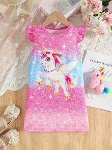 XUMPLO Young Girl' Casual Cute Rainbow Unicorn 3D Print Cap Sleeve Dress, Suitable For Daily Wear, Photo Shoot, Vacation, Party, Summer - Multicolor - View 5