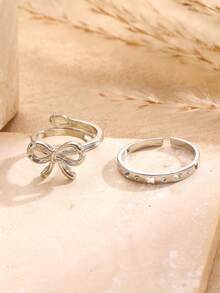 2pcs Fashion Minimalist Versatile Bow Knot Adjustable Finger Rings, Suitable For Daily, Party, Date, Festival, Summer Beach, Gift For Friends, Family, Couples, Jewelry Accessories - Silver - View 4