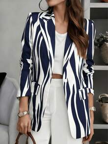Women's Color Block Striped Long Sleeve Blazer With Pockets - Notch Lapel Button Front Jacket Vacation - White and Blue Ripples - View 4