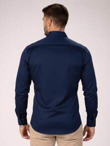 Men's Long-Sleeved Slim Fit Dress Shirt With Microelasticity - 藏蓝色 - 查看 2