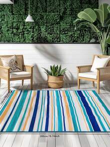 Tikar Plastik Tahan Air Luar Ruangan Ukuran 5ft x 8ft, Cocok untuk Eksterior Camper, RV, Teras, Karpet Patio, Dekorasi Balkon, Garis-garis Biru dan Kuning - Garis biru dan oranye - View 10