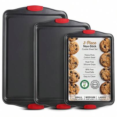 Baking Sheet Set, 3-Piece Cookie Sheet Set With Silicone Handles, Carbon Steel Non-Stick Baking Pans Set, Durable Baking Sheets For Oven, Cookie Sheets For Baking Nonstick Set, Sheet Pan - Black Baking Pan, Kitchen Bakeware