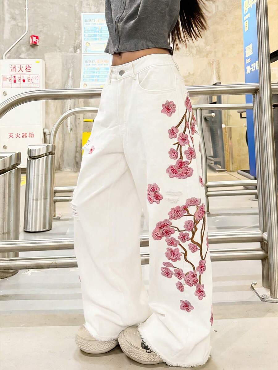 1件女款美式街頭風破洞刺繡寬腿寬鬆牛仔長褲，四季皆宜休閒牛仔褲 - 白色 - 查看 1