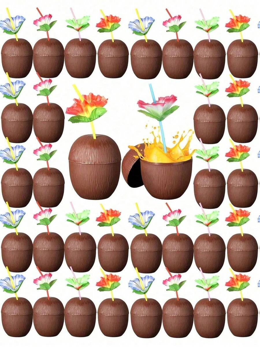 6/3pcs Hawaiian Theme Coconut Cups With Lids And Flower Straws, Suitable For Desserts And Ice Cream, Beach Party, Pool Party, Summer Outdoor Activities, DIY Drinks, Graduation Celebration, Indoor Home Decor - Multicolor - View 1