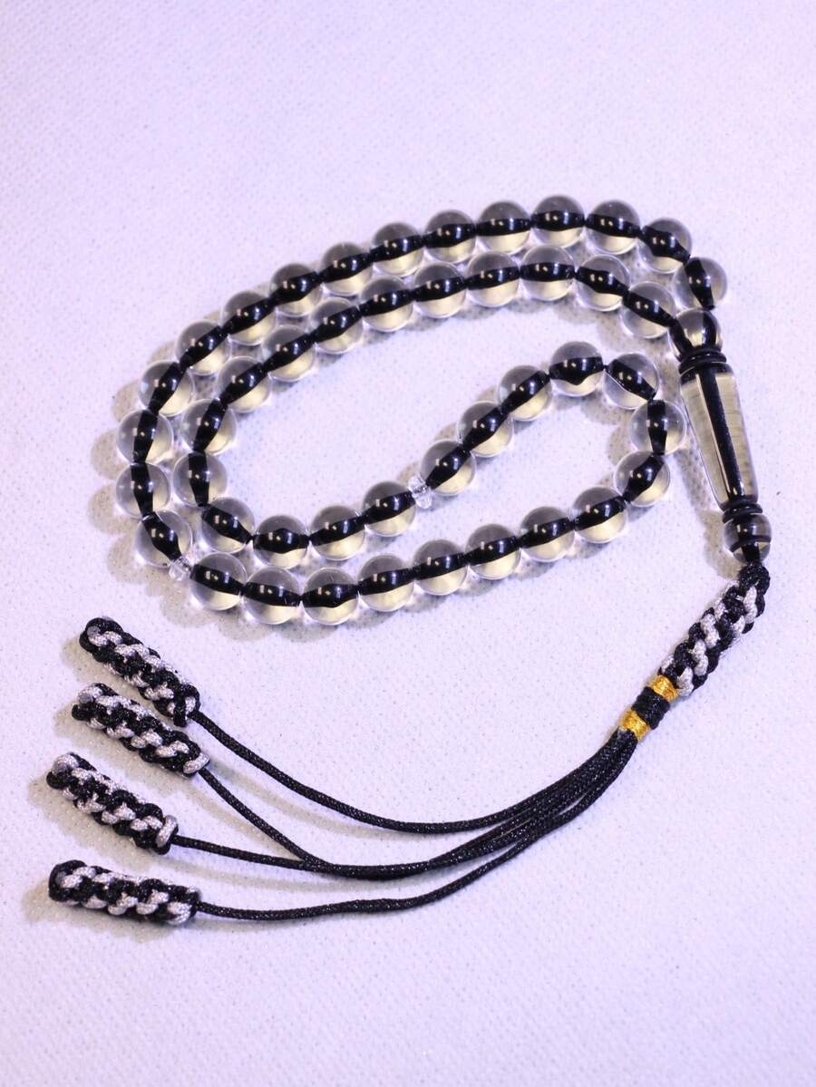 1串水晶黑色45颗10毫米流苏吊坠伊斯兰祈祷念珠，手工树脂编织流苏斋月祈祷念珠（适用于开斋节、斋月、宰牲节、日常使用、礼品） - 彩色 - 查看 1