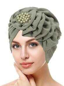 1pc Women's Chemo Head Scarf - Beaded Floral Solid Color Pre-Tied Head Wrap, Suitable For Cancer Patients Sleep Bonnet - 淺灰色 - 查看 5