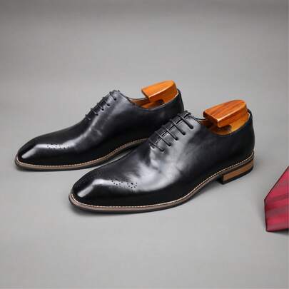 Men's Vintage Brogue Oxford Shoes, Lace-Up Burnished Brown Formal Dress Shoes, British Style Business Casual Leather Footwear For Wedding Office Party