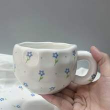 Cốc cà phê và đĩa sứ họa tiết hoa hồng, cốc vẽ tay, cốc sứ thời trang dùng cho gia đình, bữa sáng, sữa, quà tặng Giáng sinh - Hoa nhỏ màu xanh - Xem 13
