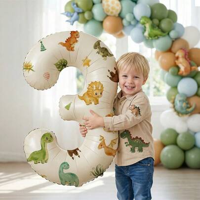 Bộ 3 bóng bay hình khủng long 32 inch màu kem, bóng bay số bằng giấy bạc kèm sticker hình khủng long, thích hợp trang trí tiệc sinh nhật cho trẻ em (sticker tự dính).