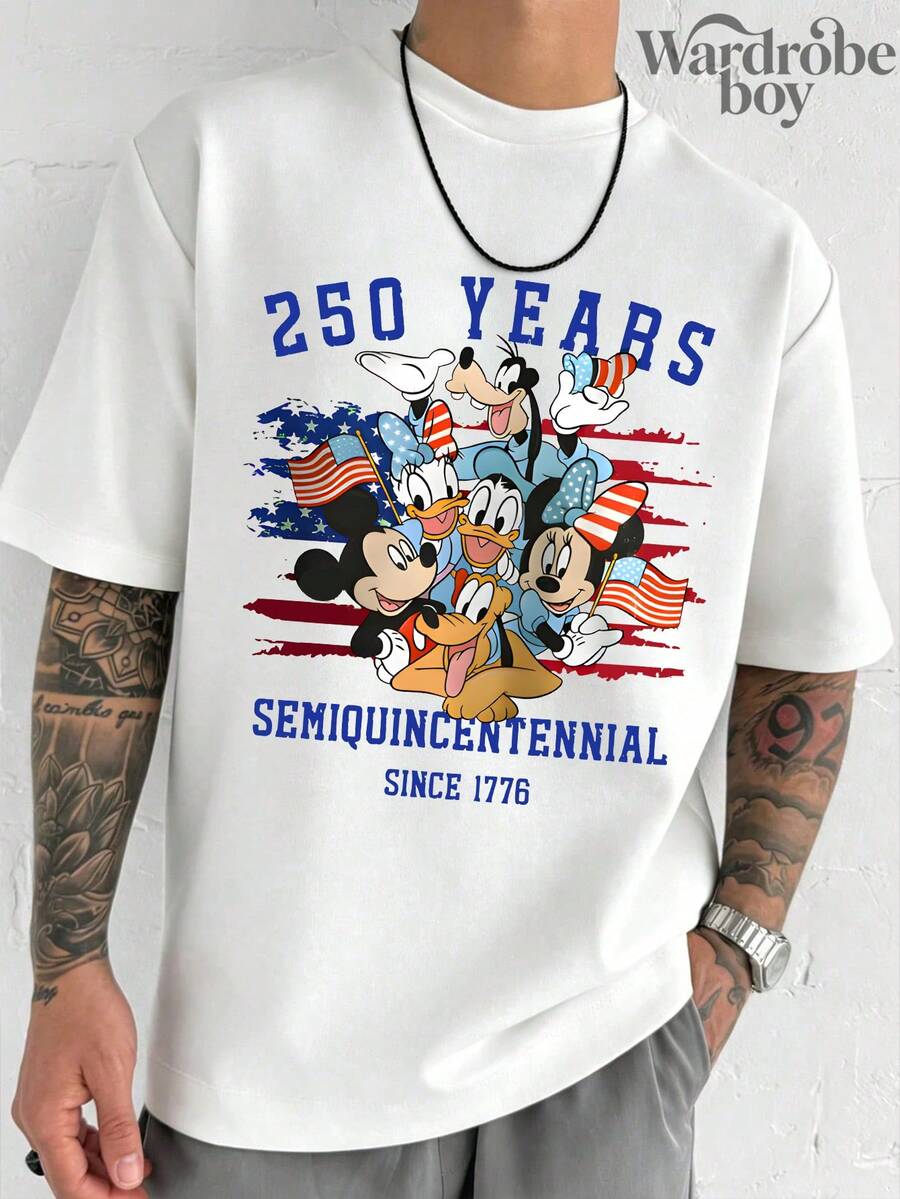 Disney Licensed Short-Sleeve Printed T-Shirt, Cartoon Mickey Mouse And Donald Duck Pattern Short-Sleeve Printed T-Shirt, U.S. 250th Anniversary Commemorative T-Shirt, Perfect For Family Trips And Vacations. This Is A Brand New 2026 Short-Sleeve T-Shirt, An Ideal Choice For Mother's Day, Suitable For Both Men And Women. Made Of High-Quality Pure Cotton, Comfortable And Breathable All Year Round. The Exquisite Design Makes It A Top Gift Choice. - 白色的- - 查看 1