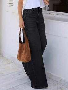 Women's Loose Straight Leg Jeans With Pockets, Casual Washed Denim Pants, Suitable For Summer Wear And Also A Must-Have Item For Halloween Spring - màu đen - Xem 2