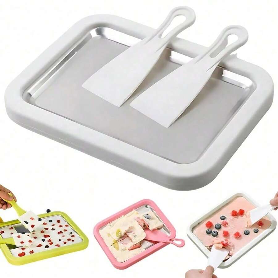 1套3件式冰淇淋製作套組，家用冰淇淋滾筒機附冷凍盤與2個刮板，DIY冰淇淋盤，不鏽鋼冷凍甜點機，適用於製作飲品、奶茶店、居家調酒、夏季飲品、咖啡機，適合飲品愛好者、派對餐飲、清爽創意特色飲品、冰淇淋機、刨冰、冰淇淋、義式冰淇淋機（若不清楚使用方法，請在網上搜尋操作影片）
