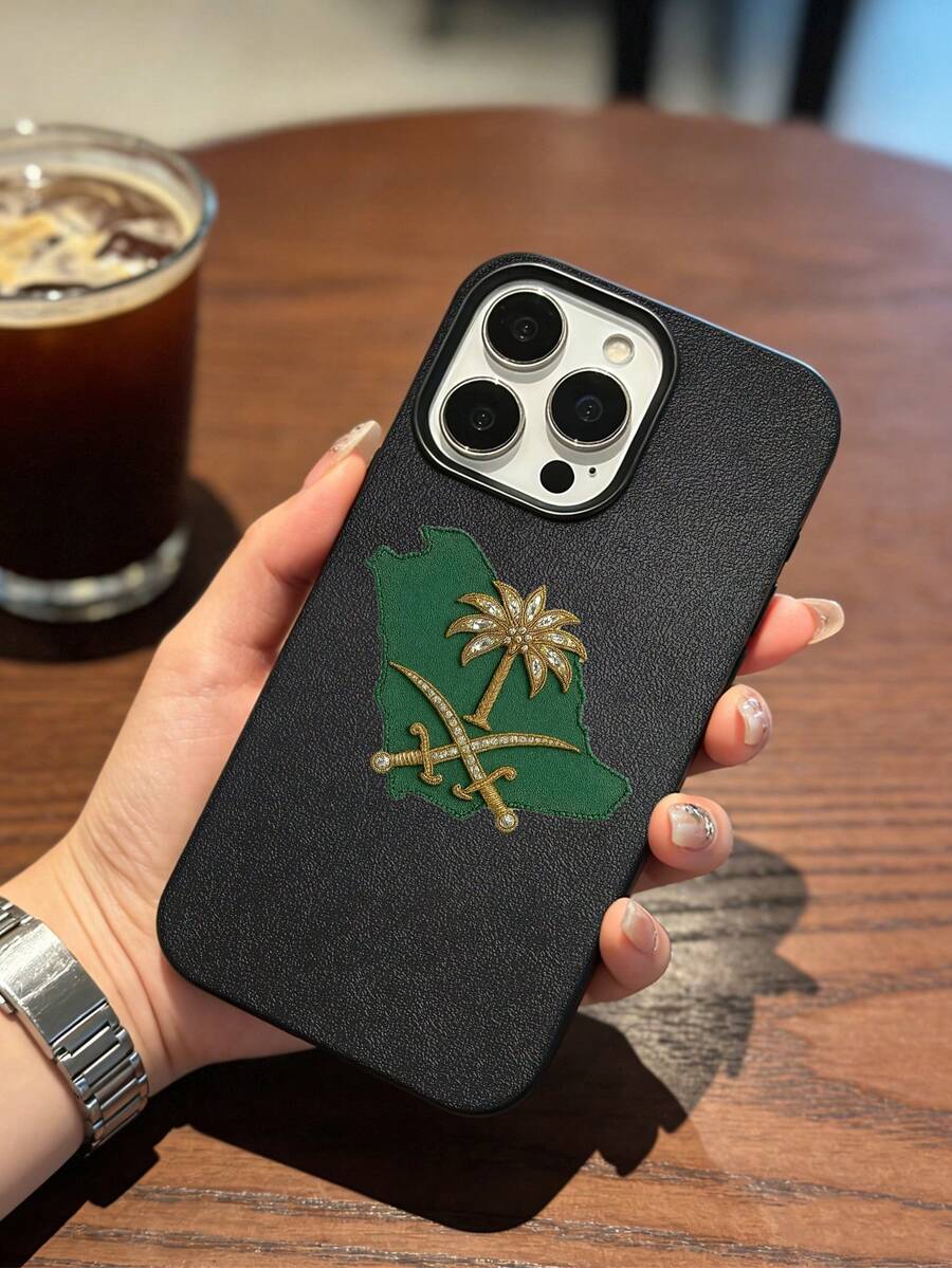 Middle East 1pc Leather Texture TPU Phone Case Compatible With IPhone 17/16 Pro Max/15 Plus/14 Pro/13/12/11, Saudi Arabia Inspired Design, Precise Cutouts - Black - View 1