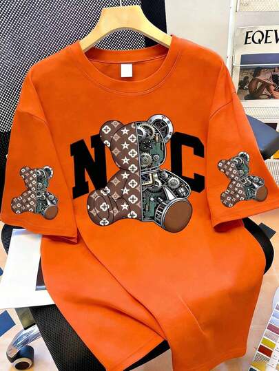 大码女式可爱小熊与未来主义图案印花短袖T恤，休闲百搭，适合户外、学生、教师、通勤等场合，风格优雅，夏季日常穿着