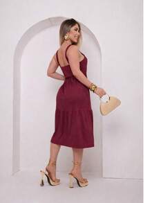 Women's Strappy Midi Dress Christian Fashion Dress Ribbed Casual Basic Shapewear Midi Dress - 酒紅色 - 查看 4
