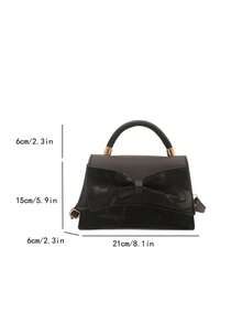 Solid Color Pleated Edge Handbag, Flap Crossbody Bag With Bow Decor For Women - Black - View 3